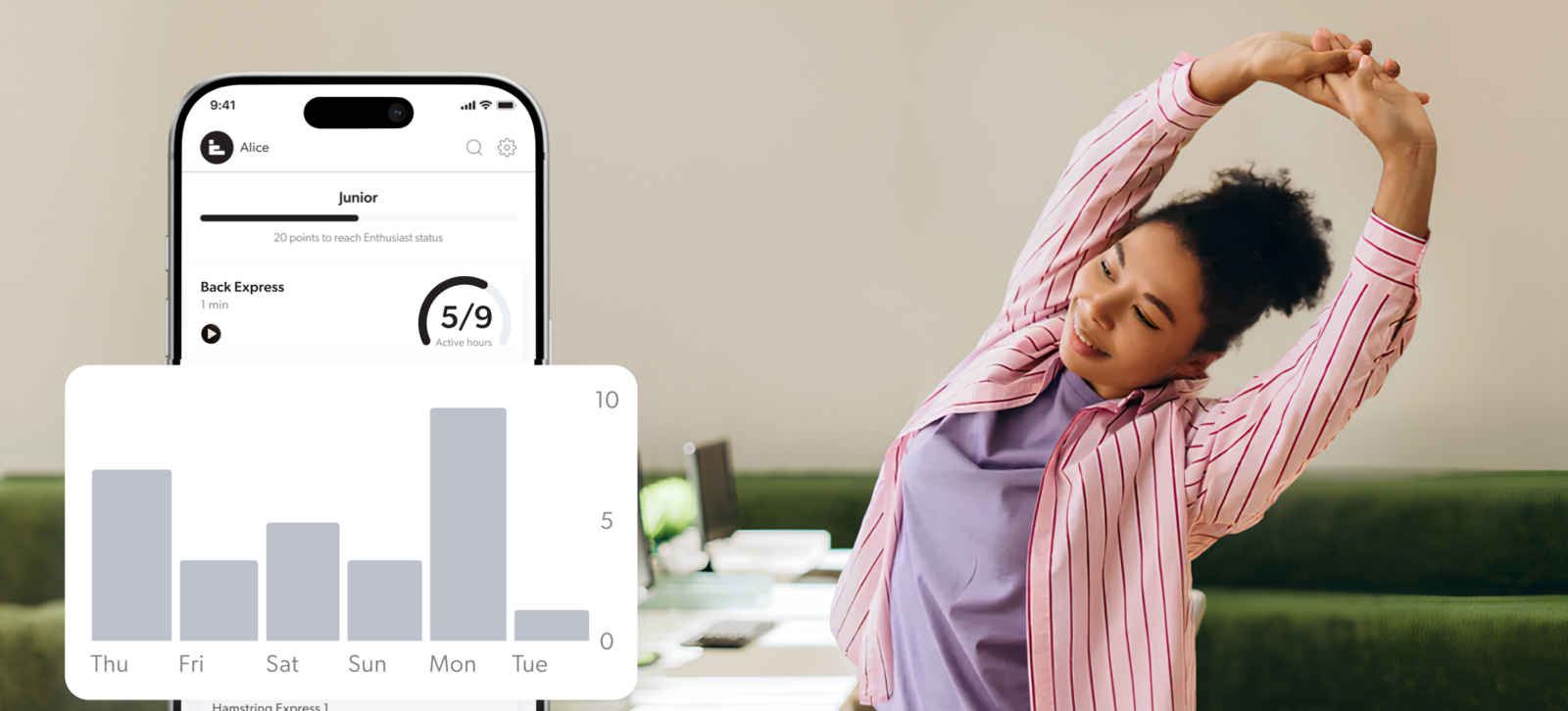 Woman doing a gentle overhead stretch at her desk while the STRETCHIT app shows 1-minute movement break progress Woman doing a gentle overhead stretch at her desk while the STRETCHIT app shows 1-minute movement break progress